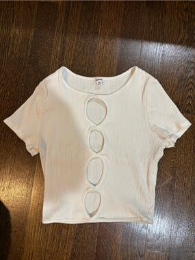 Garage White Ribbed Crop Top with Front Cutouts